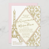Eiffelturm La Quinceanera Blush and Gold Damask Einladung (Vorne/Hinten)