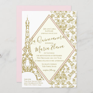 Eiffelturm La Quinceanera Blush and Gold Damask Einladung