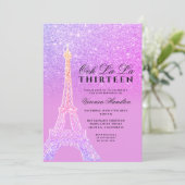 Eiffelturm lila Glitzer rosa Chic dreizehn Einladung (Stehend Vorderseite)