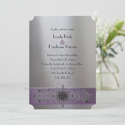 Eiffelturm Lila und Silberhochzeit Einladung (Stehend Vorderseite)