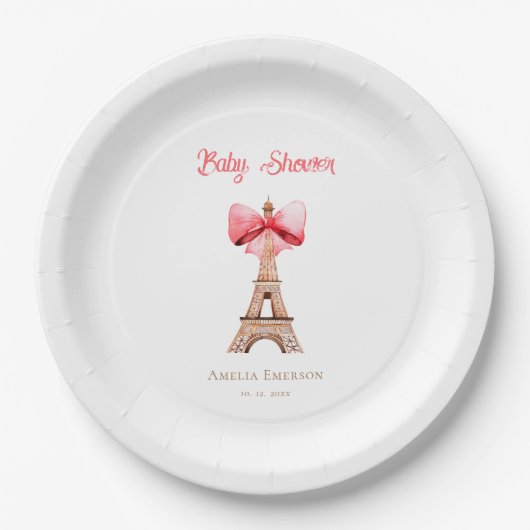 Eiffelturm mit Pink Bow Paris Baby Dusche Pappteller (Vorderseite)