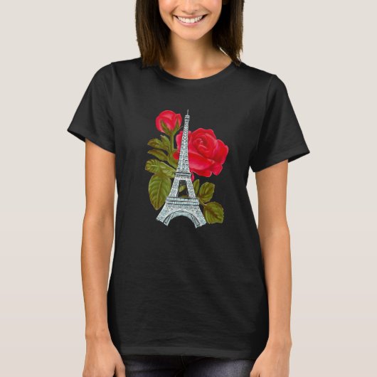 Eiffelturm mit Rose Liebe Paris Rose Französischer T-Shirt (Vorderseite)