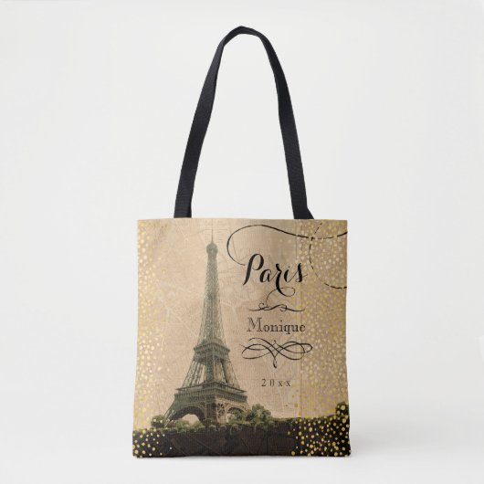 Eiffelturm Paris Beige Imitat Goldmonogramm Tasche (Vorderseite)