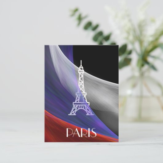 Eiffelturm Paris blaue weiße Flagge auf schwarz Postkarte (Stehend Vorderseite)