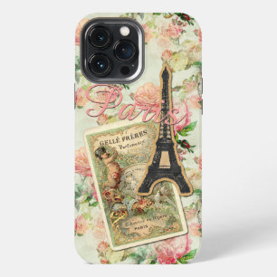 Eiffelturm Paris Erröten Pfirsich Rosa Blumenmuste iPhone 13 Pro Max Hülle