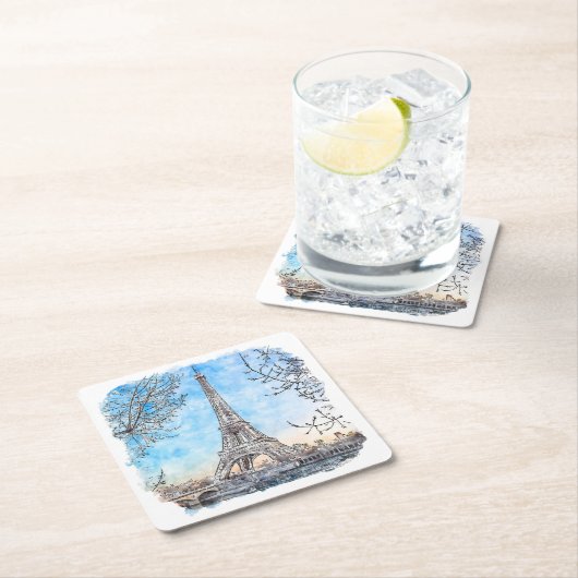 Eiffelturm Paris Frankreich Handgezeichnetes Wasse Rechteckiger Pappuntersetzer (Vor Ort)