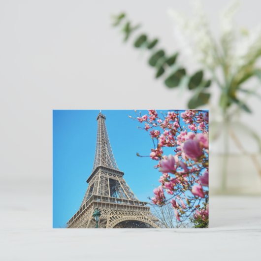 Eiffelturm, Paris Frankreich, Pink Blossom Postcar Postkarte (Stehend Vorderseite)