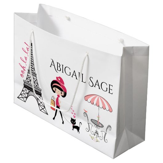 Eiffelturm Paris Girl and Cat Black and Pink Große Geschenktüte (Vorderseite Schrägansicht)