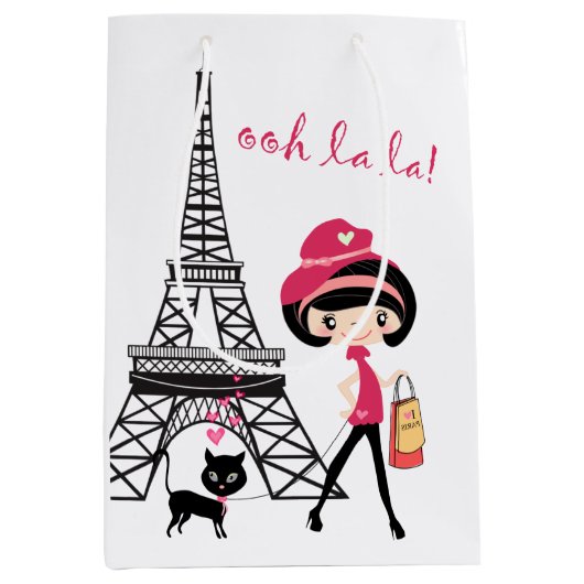Eiffelturm Paris Girl and Cat Black and Pink Mittlere Geschenktüte (Vorderseite)