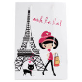 Eiffelturm Paris Girl and Cat Black and Pink Mittlere Geschenktüte (Rückseite)