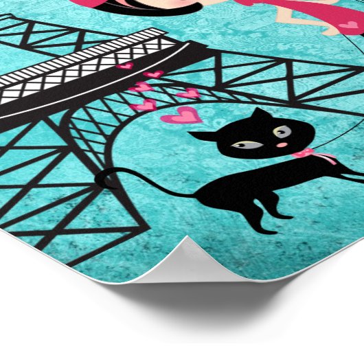 Eiffelturm Paris Girl and Cat Blue Damask Poster (Ecke)