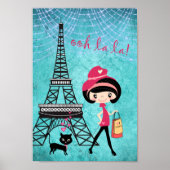 Eiffelturm Paris Girl and Cat Blue Damask Poster (Vorne)