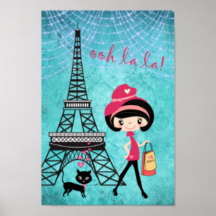 Eiffelturm Paris Girl and Cat Blue Damask Poster