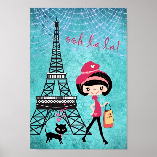 Eiffelturm Paris Girl and Cat Blue Damask Poster (Vorne)