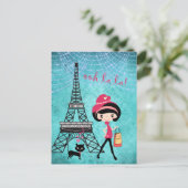 Eiffelturm Paris Girl and Cat Blue Damask Postkarte (Stehend Vorderseite)