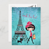 Eiffelturm Paris Girl and Cat Blue Damask Postkarte (Vorne/Hinten)