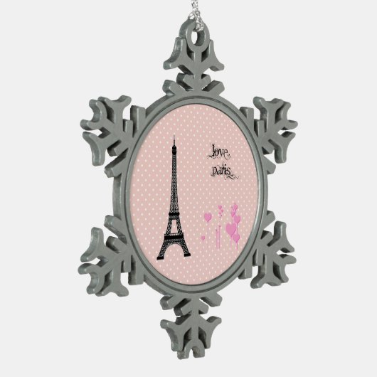 Eiffelturm, Paris, Herz, Polka Dots, Rosa Schneeflocken Zinn-Ornament (Links)