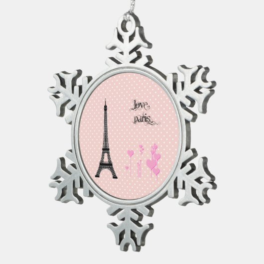 Eiffelturm, Paris, Herz, Polka Dots, Rosa Schneeflocken Zinn-Ornament (Rechts)