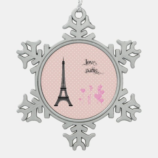 Eiffelturm, Paris, Herz, Polka Dots, Rosa Schneeflocken Zinn-Ornament (Vorderseite)