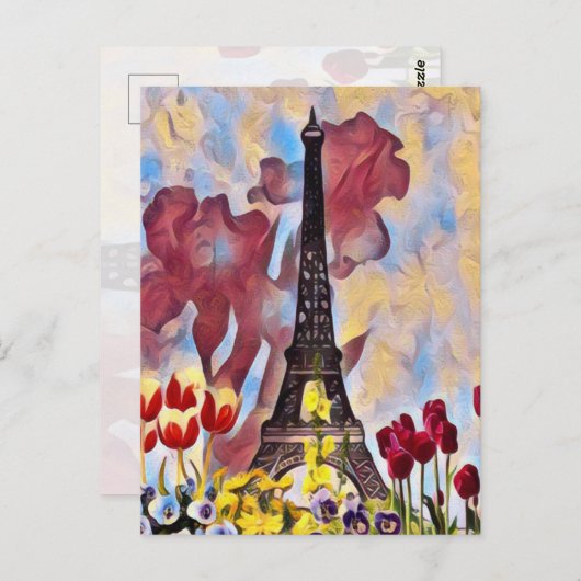 Eiffelturm, Paris Iris, Tulips Spring Blumen Postkarte (Vorne/Hinten)
