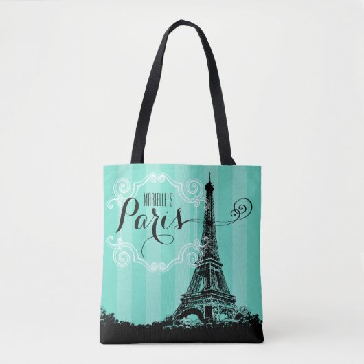 Eiffelturm-Paris-Monogramm Seafoam grüne Streifen Tasche (Vorderseite)