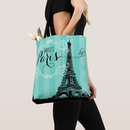 Eiffelturm-Paris-Monogramm Seafoam grüne Streifen Tasche (Von Nahem)