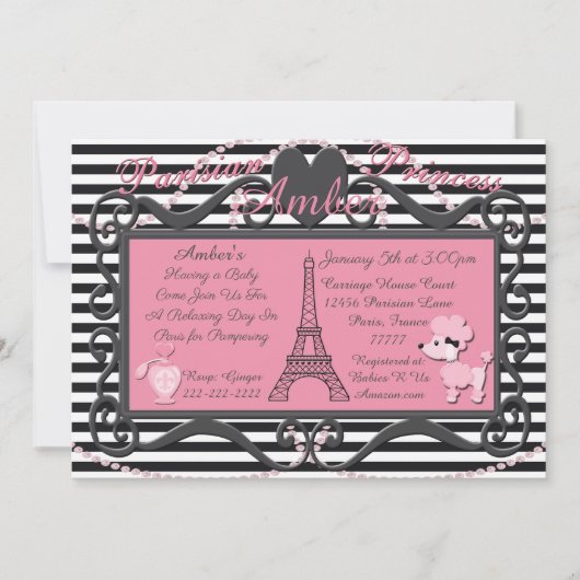 Eiffelturm Paris Pink Poodle Babydusche Einladung (Vorderseite)