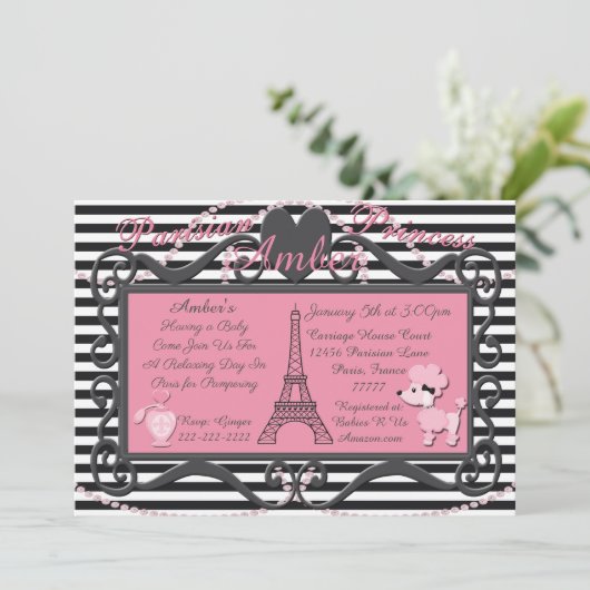 Eiffelturm Paris Pink Poodle Babydusche Einladung (Stehend Vorderseite)