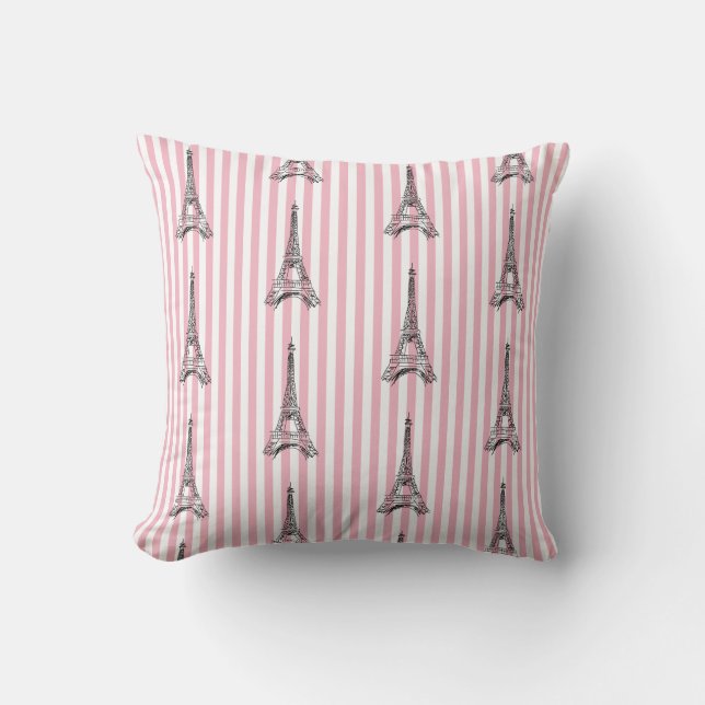 Eiffelturm Paris Pink Stripe Pillow Kissen (Vorderseite)