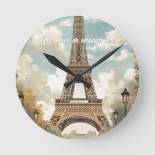 Eiffelturm Paris Reise Vintage Retro Art Name Runde Wanduhr