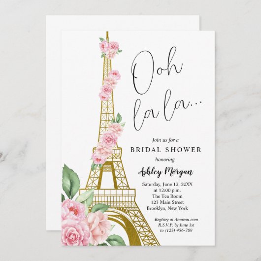 Eiffelturm Paris Rosa Blume Brautparty Einladung (Vorne/Hinten)