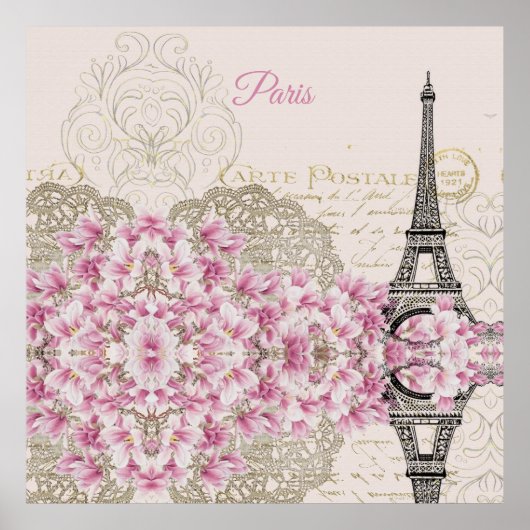Eiffelturm, Paris Rosa Magnolia Poster (Vorne)