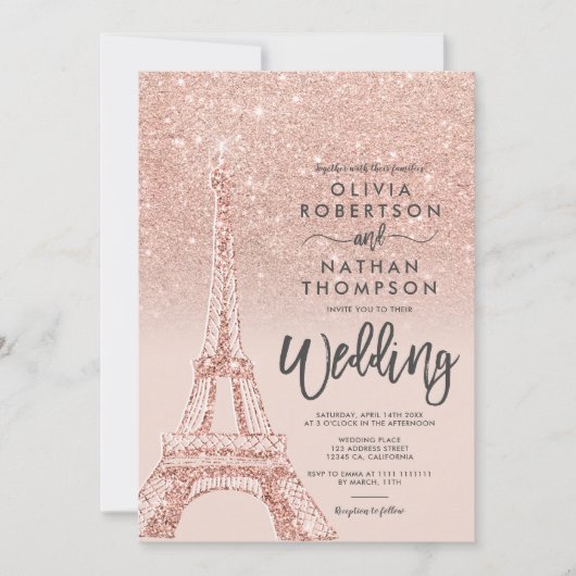 Eiffelturm Paris Rose Goldener Glitzer Rosa Hochze Einladung (Vorderseite)