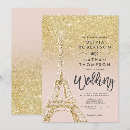 Eiffelturm Paris schicker Glitzer Rosa Hochzeit Einladung (Vorne/Hinten)