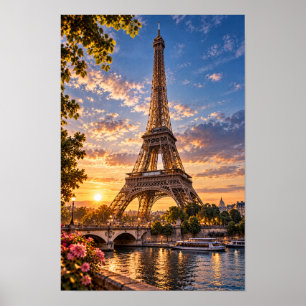 Eiffelturm Paris Sonnenuntergang Seine Fluss Wandk Poster