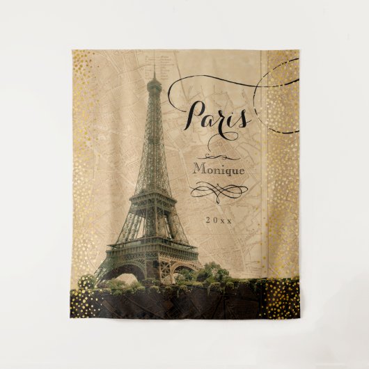Eiffelturm Paris Vintage Karte Gold Dots Monogramm Wandteppich (Vorderseite)