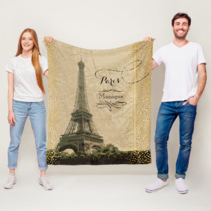 Eiffelturm Paris Vintage Karte Goldpunkte Monogram Fleecedecke