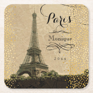 Eiffelturm Paris Vintage Karte Goldpunkte Monogram Rechteckiger Pappuntersetzer