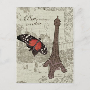 Eiffelturm, Parisstraße und Schmetterling Postkarte
