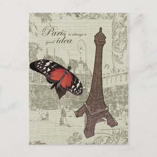 Eiffelturm, Parisstraße und Schmetterling Postkarte (Vorderseite)