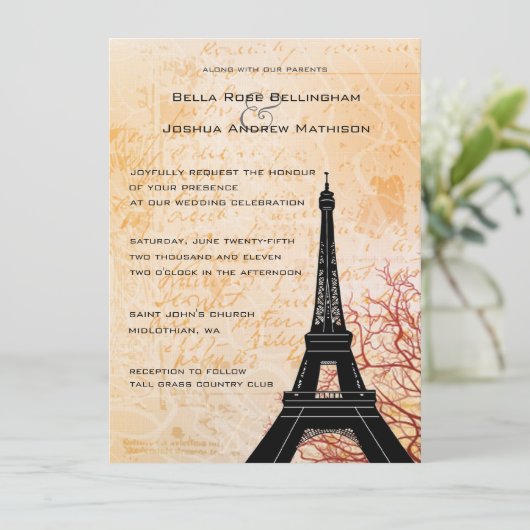 Eiffelturm Peach Wedding Einladung (Stehend Vorderseite)