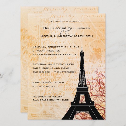 Eiffelturm Peach Wedding Einladung (Vorne/Hinten)