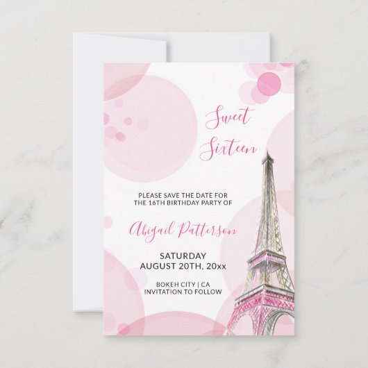 Eiffelturm Pink Paris Sweet 16 Save The Date (Rückseite)