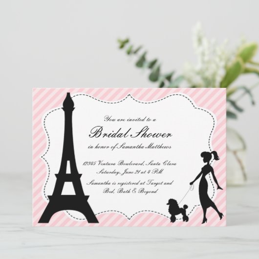 Eiffelturm & Pink Poodle Brautparty Einladung (Stehend Vorderseite)