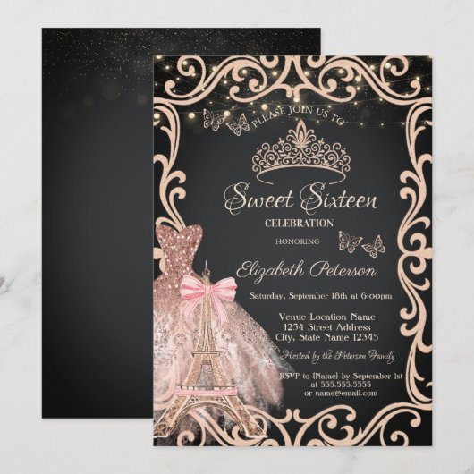 Eiffelturm Rahmen Kleid Glitter Schmetterling Einladung (Vorne/Hinten)