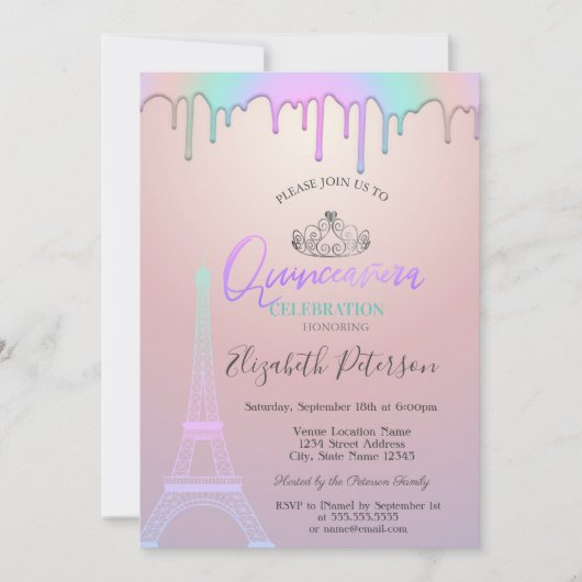 Eiffelturm, Regenbogen-Tropfen Quinceañera Einladung (Vorderseite)