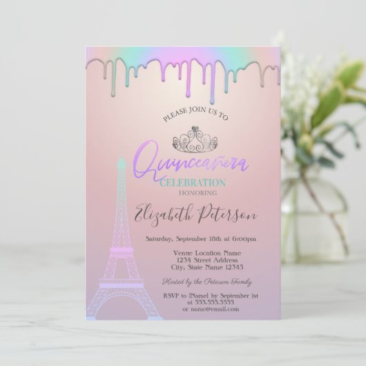 Eiffelturm, Regenbogen-Tropfen Quinceañera Einladung (Stehend Vorderseite)