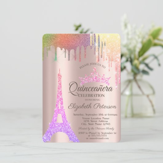 Eiffelturm, Regenbogen-Tropfen Rose Gold Quinceañe Einladung (Stehend Vorderseite)