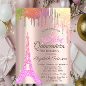 Eiffelturm, Regenbogen-Tropfen Rose Gold Quinceañe Einladung