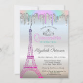 Eiffelturm, Regenbogen-Tropfen Silver Quinceañera Einladung (Vorderseite)